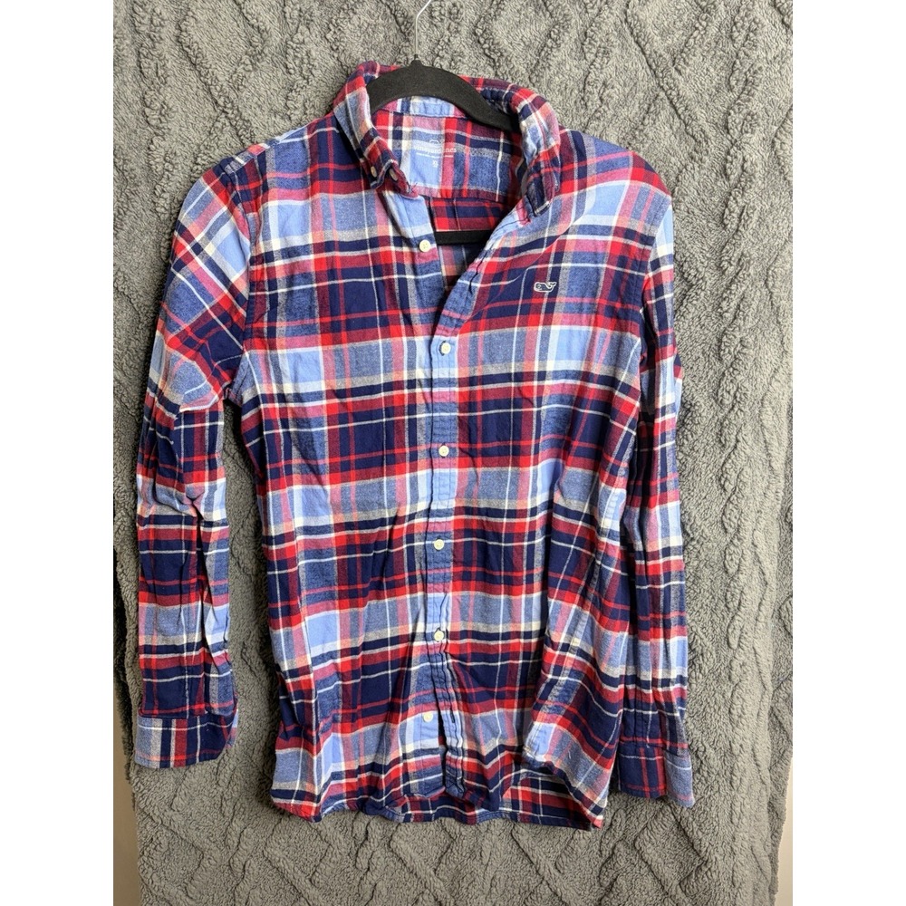 Vineyard Vines Boys XL Plaid Flannel Button Up Whale Shirt Blue Red Long Sleeve